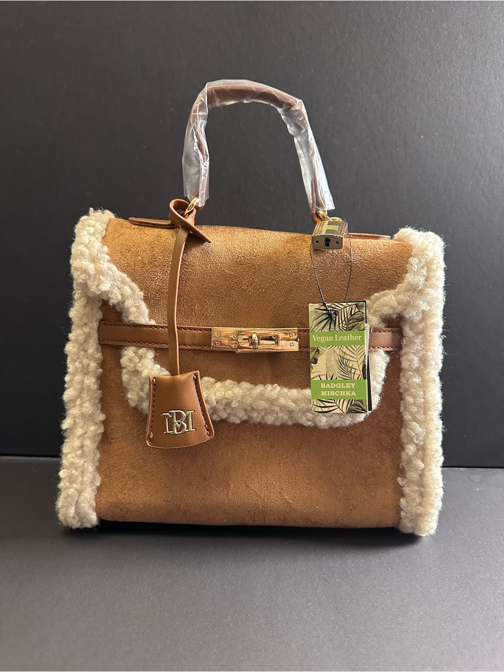 Vegan Leather  NWT Badgley Mischka Brown Faux Shearling Satchel